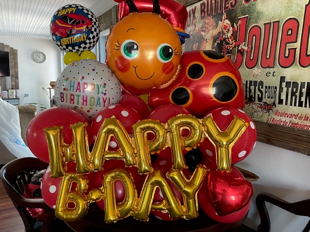Ladybug Happy B-Day balloon bouquet arrangement